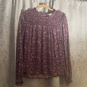 J. Crew Burgundy Floral Smocked Yoke Long-Sleeve Top